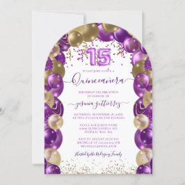 Convites Foto Roxo Dourado Quinceañera Balão