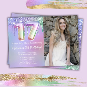 Convites Foto Roxo Rosa Brilho Gotas de 17º Aniversário