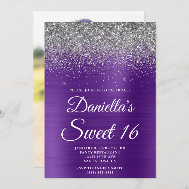 Convites Foto Roxo Roxo Real Glitter Silver Foto Sweet 16 (Frente/Verso)