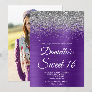 Convites Foto Roxo Roxo Real Glitter Silver Foto Sweet 16