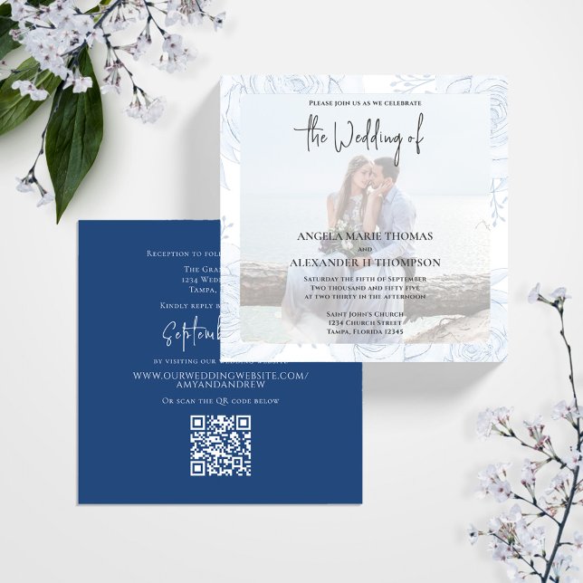 Convites Foto RSVP Azul Simples de Caligrafia Clássica Eleg (Simple elegant Photo wedding invitation with a QR code for rsvp, template. )