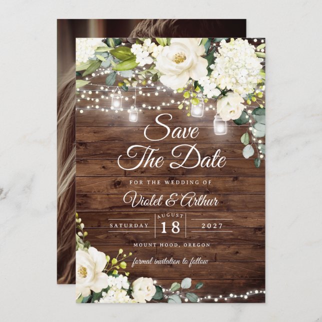 Convites Foto Rustic String Lights Casamento Salvar A Data (Frente/Verso)