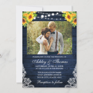 Convites Foto Rustic Sunflower Floral Blue Wood Lights