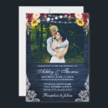 Convites Foto Rústica Do Casamento Floral Azul De Madeira L<br><div class="desc">As Luzes de Corda de Madeira Azul Rústica Lace Aquarela Foto Floral Convite De Casamento inclui rosas burgundy,  rosas cor-de-rosa,  rosas vermelhas,  girassóis e verde botânico.</div>