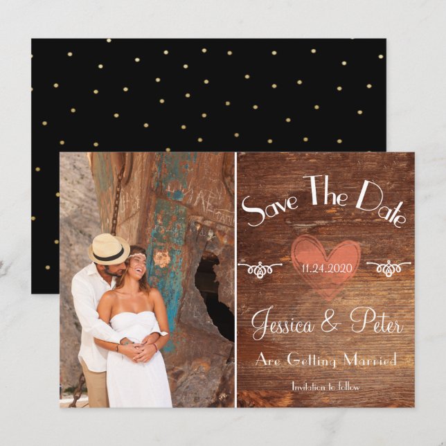 Convites Foto Rústica Romântica Coração e Madeira Save The  (Frente/Verso)