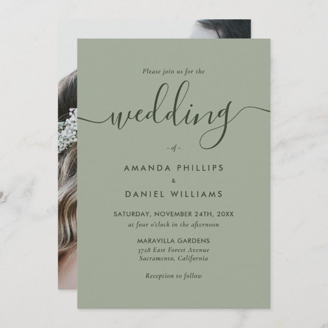 Convites Foto: Sage Green Script Weding (Frente/Verso)