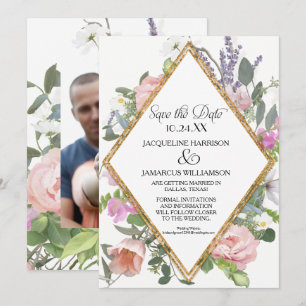 Convites Foto Salve a Data Dourado Brilho Romântico Floral