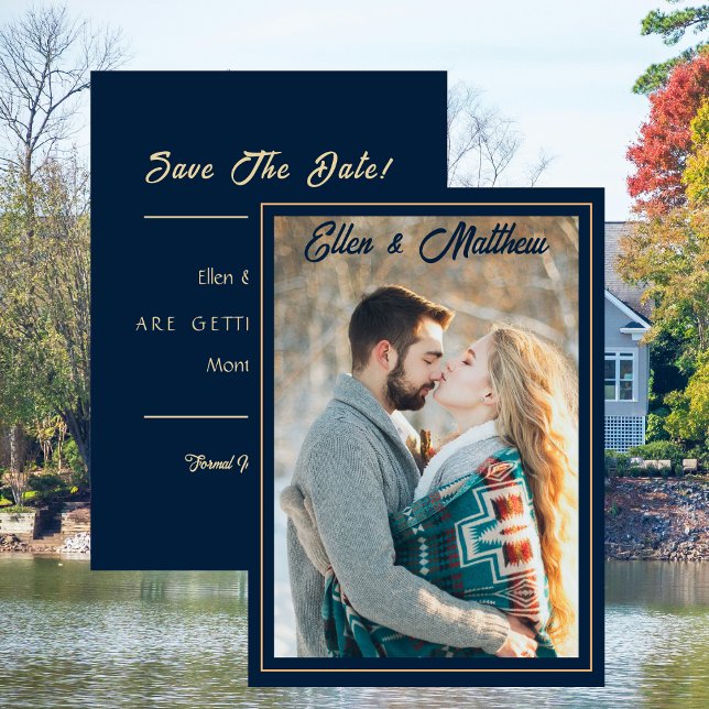 Convites Foto: Salve o Marinho Moderno da Data com Dourado (Photo Wedding Save the Date Modern Navy with Gold Invitation)
