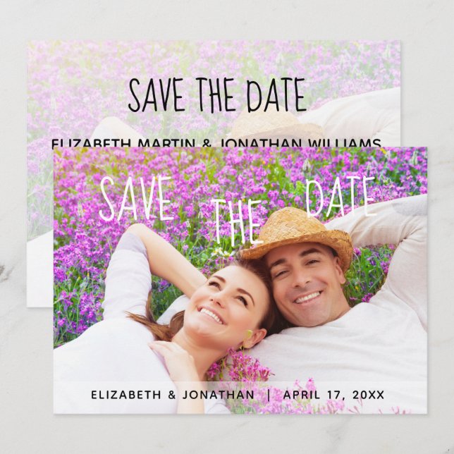 Convites Foto Save The Date com Letreiro Manual Moderno (Frente/Verso)
