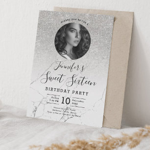 Convites FOTO Silver Glitter Marble Sweet 16 Party