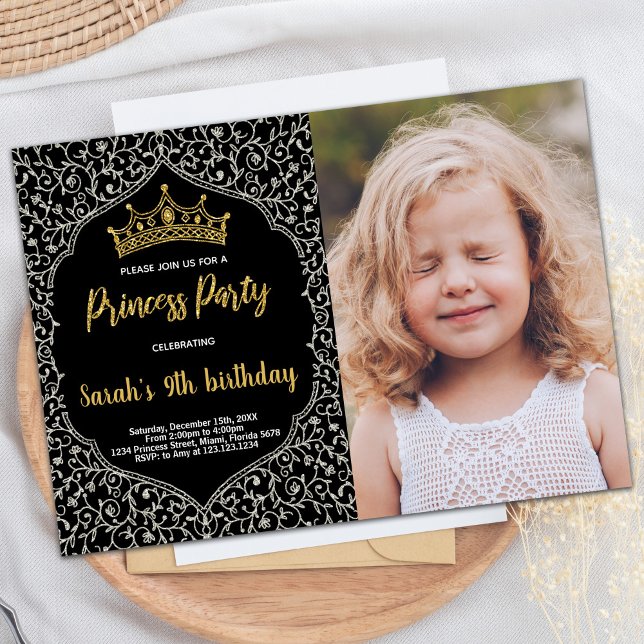 Convites Foto Silver Glitter White Princess Aniversário (Photo Silver Glitter White Princess Birthday Invitation)
