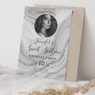 Convites FOTO Silver Marble Glitter Doce 16 Partido