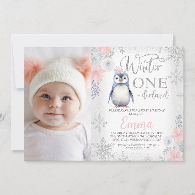 Convites Foto Silver Penguin Winter Onederland Birthday (Frente)