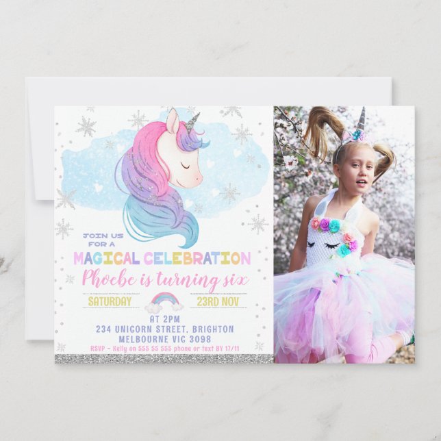 Convites Foto Silver Winter Unicorn Rainbow Birthday (Frente)