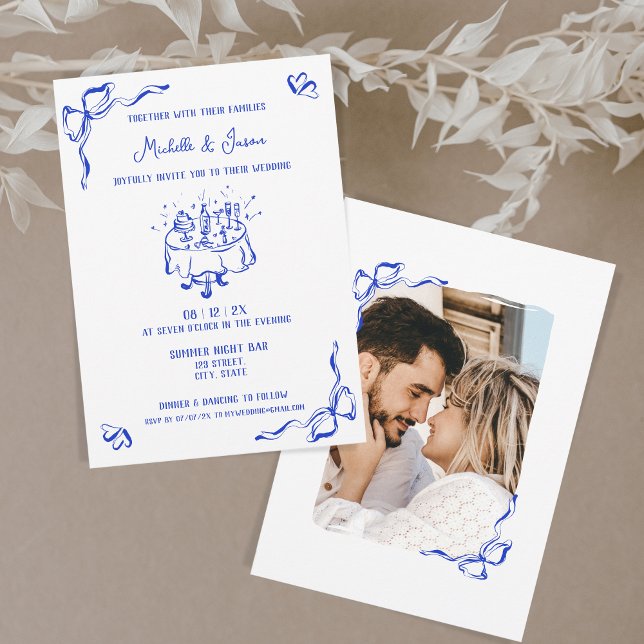Convites Foto Simples de Arco Branco Azul Desenhado Mão Fra (hand drawn wedding invitation with photo. ink blue doodles of wedding table with cake and champagne)
