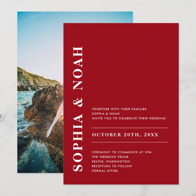 Convites Foto Simples de Casamento Elegante Vermelho e Bran (Frente/Verso)