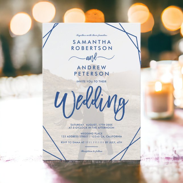 Convites Foto simples do quadro azul do gráfico simples do  (Chic blue boho frame simple photo script wedding invitation)
