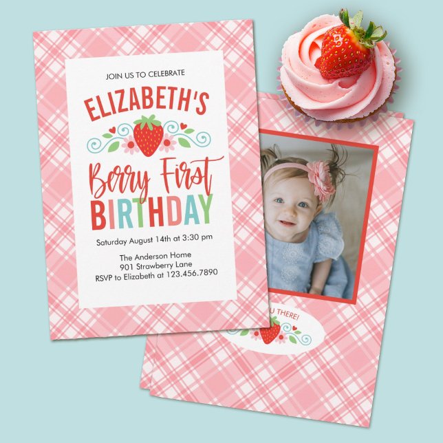 Convites Foto Simples e Bonita Berry Sweet Aniversário (A cute Berry First Birthday party photo invitation)