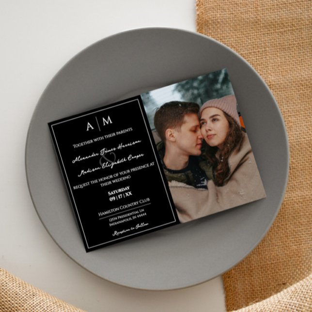 Convites Foto simples e Casamento preto monograma (Black Simple Photo and Monogram Wedding Invitation)