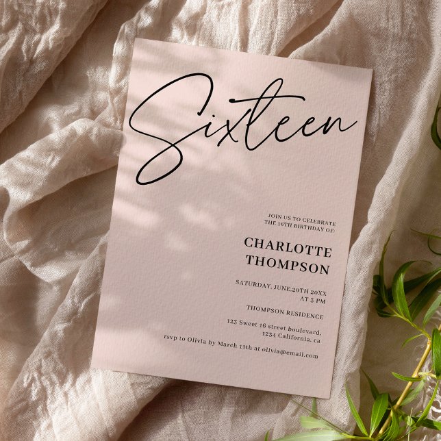 Convites Foto simples e elegante de blush preto Sweet 16 (Criador carregado)