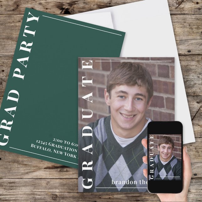 Convites Foto simples e moderna do formando, verde minimali (Criador carregado)