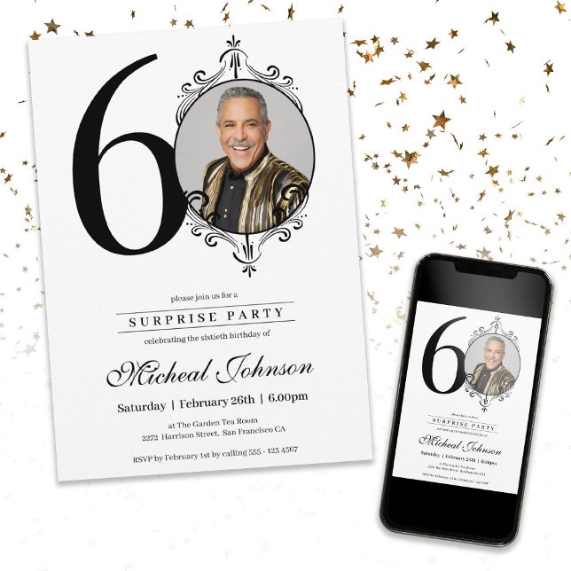 Convites Foto simples Elegante 60º aniversário do Partido S (Simple Elegant Photo 60th Birthday Surprise Party Invitation)