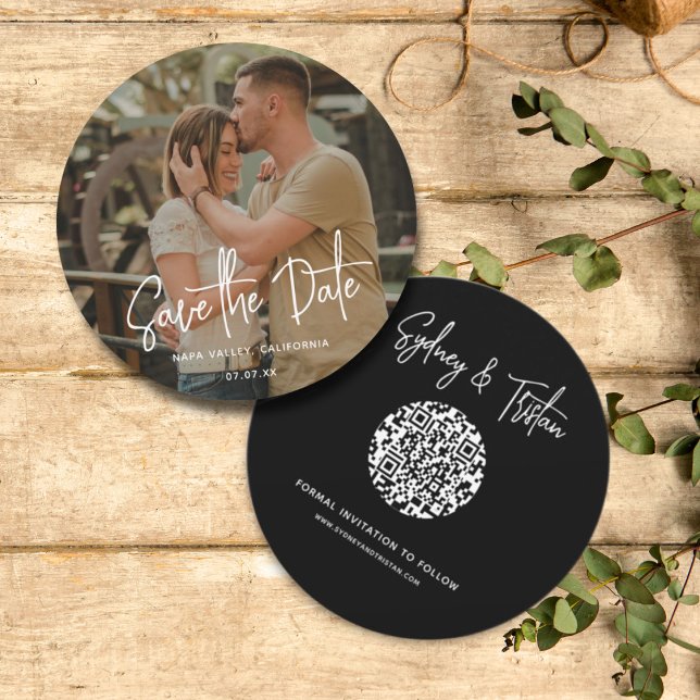 Convites Foto simples moderna Salve a data Casamento do Cód (Modern Simple Photo Save the Date Wedding Invitation with Round QR Code Wedding Invite, Front /Back)