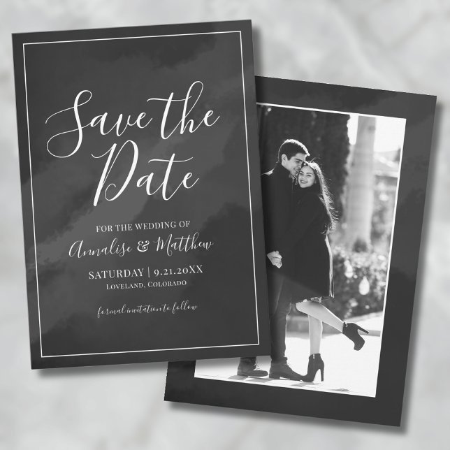 Convites Foto Simples Preto Branco Save the Date Casamento (Elegant Script Black White Save the Date Wedding Invitation)