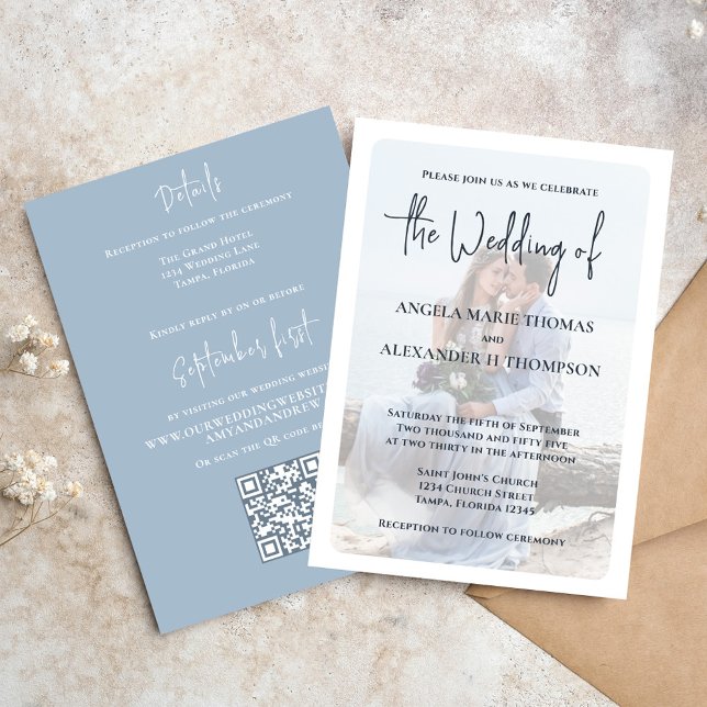 Convites Foto simples RSVP de Caligrafia Clássica Elegante (Elegant Photo overlay wedding invitation with QR code RSVP)