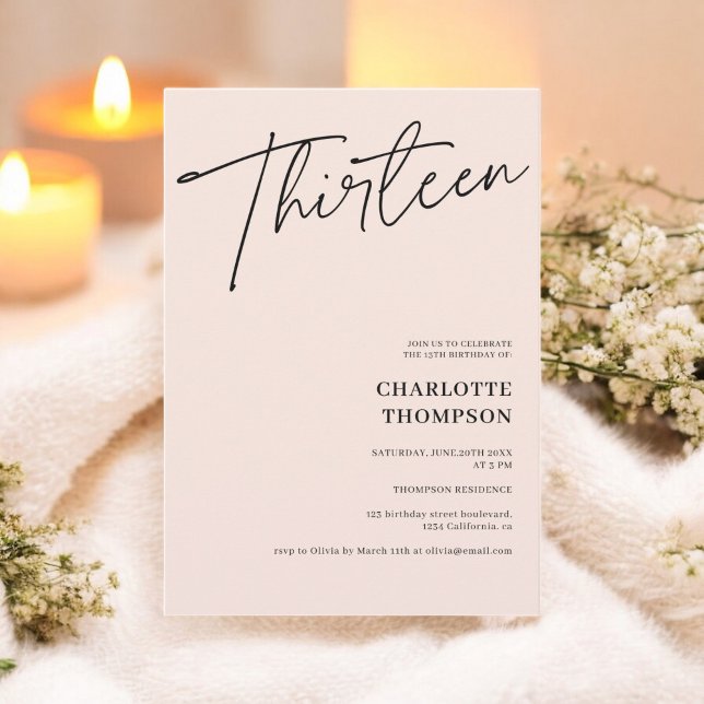 Convites Foto simples, simples e moderna, de blush preto Tr (Elegant simple modern black blush photo Thirteen Invitation)
