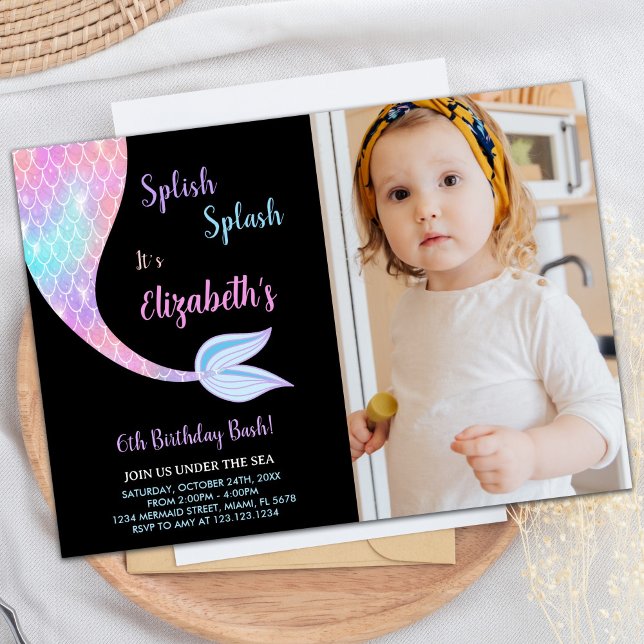 Convites Foto: Splash Preto Splish Smaid Aniversário (Photo Black Splash Splish Mermaid Birthday Invitation)