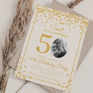 Convites Foto SURPRESA 50º Aniversário Confete Dourado Bege