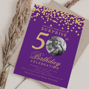 Convites Foto SURPRESA 50º aniversário Dourado Confetti Pur