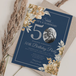 Convites Foto SURPRESA 50º Aniversário Dourado Floral Azul-