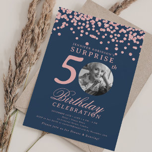 Convites Foto SURPRESA 50º Aniversário Dourado Rosa Azul Ma