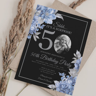 Convites Foto SURPRESA 50º Aniversário Floral Azul Preto