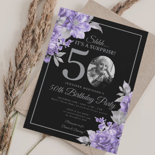 Convites Foto SURPRESA 50º Aniversário Floral Roxo Preto