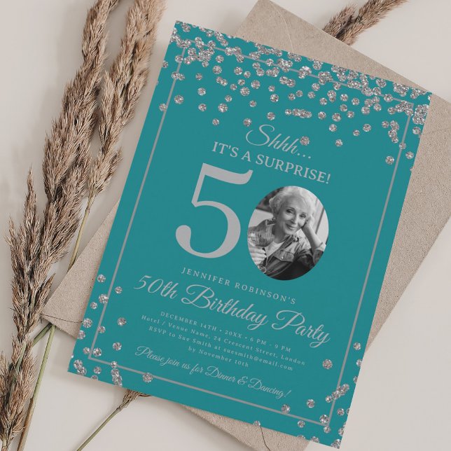 Convites Foto SURPRESA 50º Aniversário Prata Turquesa (SURPRISE Photo 50th Birthday Silver Turquoise Invitation)
