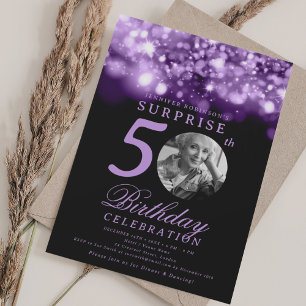 Convites Foto SURPRESA 50º Aniversário Púrpura Meia-Noite