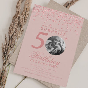 Convites Foto SURPRESA 50º Aniversário Rosa Dourado Cor-de-