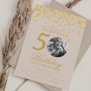 Convites Foto SURPRESA 50 Aniversário Dourado Confetes Cham