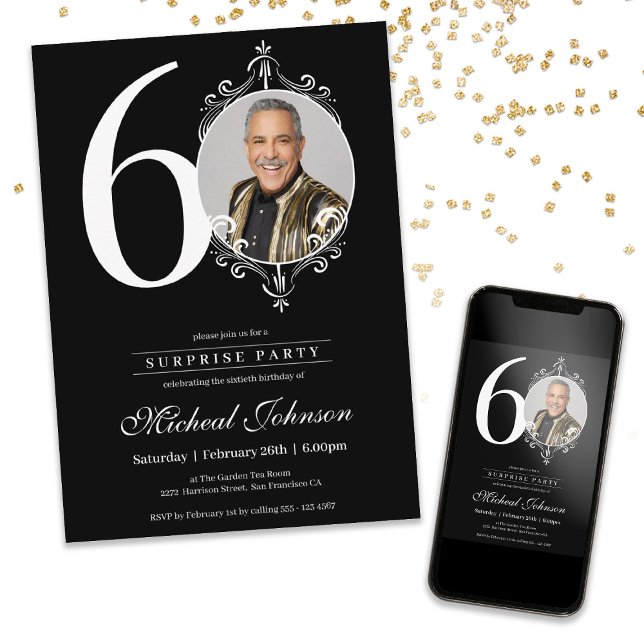 Convites Foto Surpresa 60ª Festa de aniversário (Photo Surprise 60th Birthday Party Invitation)