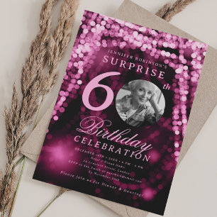 Convites Foto SURPRESA 60º Aniversário Luzes de Vidro Rosa