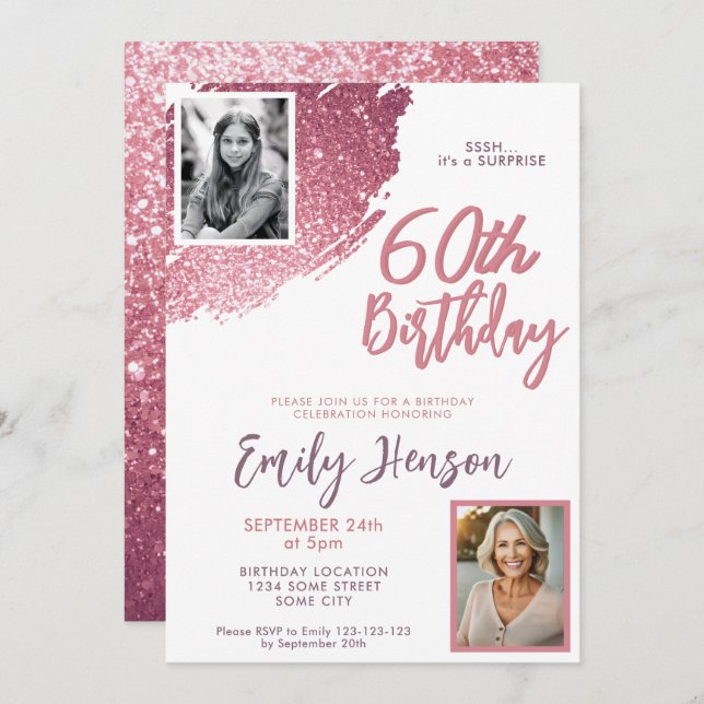 Convites Foto surpresa 60.º aniversário rosa brilhante 2 (Frente/Verso)