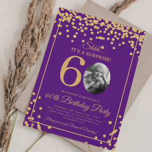 Convites Foto SURPRESA 60 Aniversário Dourado Confetes Roxo