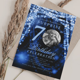 Convites Foto SURPRESA 70º Aniversário Luzes Glam Blue
