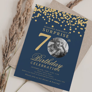 Convites Foto SURPRESA 70 Aniversário Dourado Confetes Azul