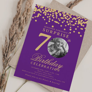 Convites Foto SURPRESA 70 Aniversário Dourado Confetes Roxo