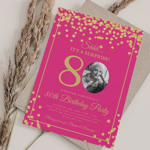 Convites Foto SURPRESA 80 Aniversário Dourado Confete Rosa