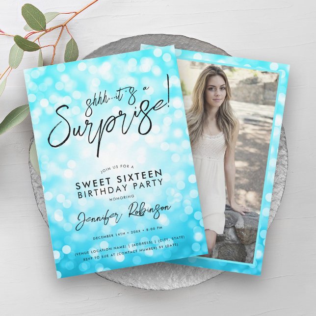 Convites Foto Surpresa das Luzes Turquesas Modernas 16 (Modern Turquoise Lights Photo Surprise Sweet 16 Invitation)